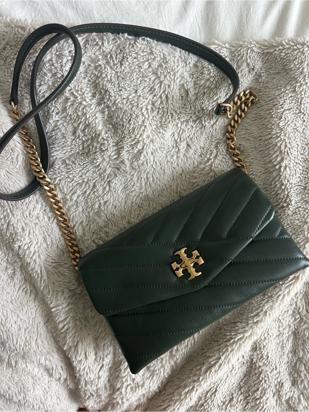 Tory Burch Dark Green Quilted Leather Crossbody With Gold Hardware